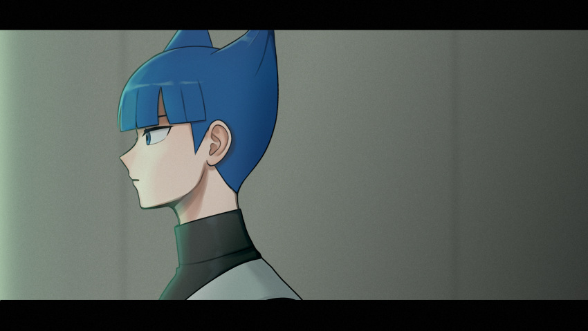 1boy blue_eyes blue_hair blunt_bangs closed_mouth commentary_request from_side furosushi highres letterboxed male_focus pokemon pokemon_dppt saturn_(pokemon) short_hair solo team_galactic team_galactic_uniform upper_body