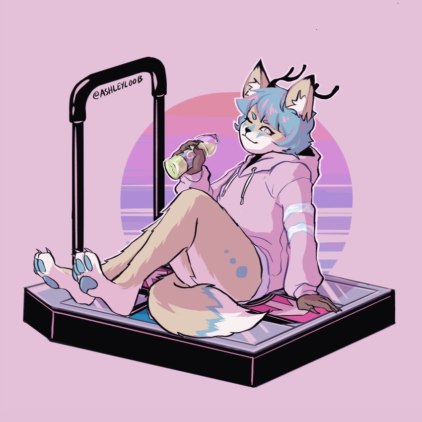 1:1 2020 2_horns 4_toes ambiguous_gender anthro antlers ashleyloob barefoot bemani beverage blue_body blue_fur blue_hair blue_pawpads bottomless canid canine claws clothed clothing dance_dance_revolution digitigrade fan_character feet fennec_fox flat_colors fox fur gatorade hair hi_res holding_beverage holding_object hoodie horn inner_ear_fluff konami mammal multicolored_body multicolored_fur one_eye_closed pawpads pink_background pink_clothing pink_hoodie pink_topwear short_hair signature simple_background sitting soles sweater synthwave tan_body tan_fur toes topwear true_fox tuft white_body white_fur wink yellow_body yellow_fur