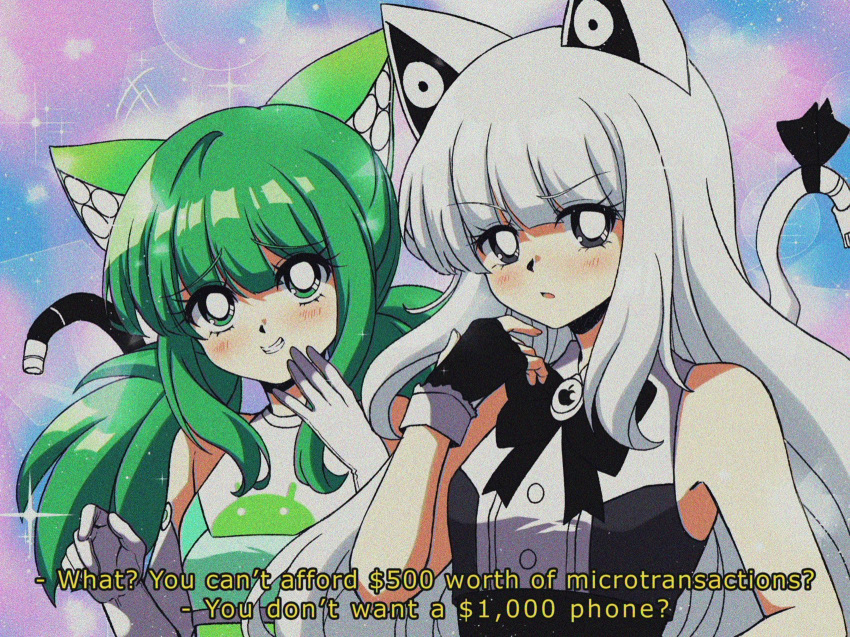 1990s_(style) 2girls android_(os) android_(personification) animal_ears apple_inc. black_eyes black_gloves blunt_bangs blush cat_ears cat_tail commentary criis-chan elbow_gloves english_commentary english_text fake_screenshot fingerless_gloves gloves green_eyes green_hair grin hand_up highres ios_(os) iphone_(personification) long_hair looking_at_viewer merryweather multiple_girls open_mouth original os-tan personification retro_artstyle shirt sidelocks sleeveless sleeveless_shirt smile smug subtitled tail upper_body white_gloves white_hair