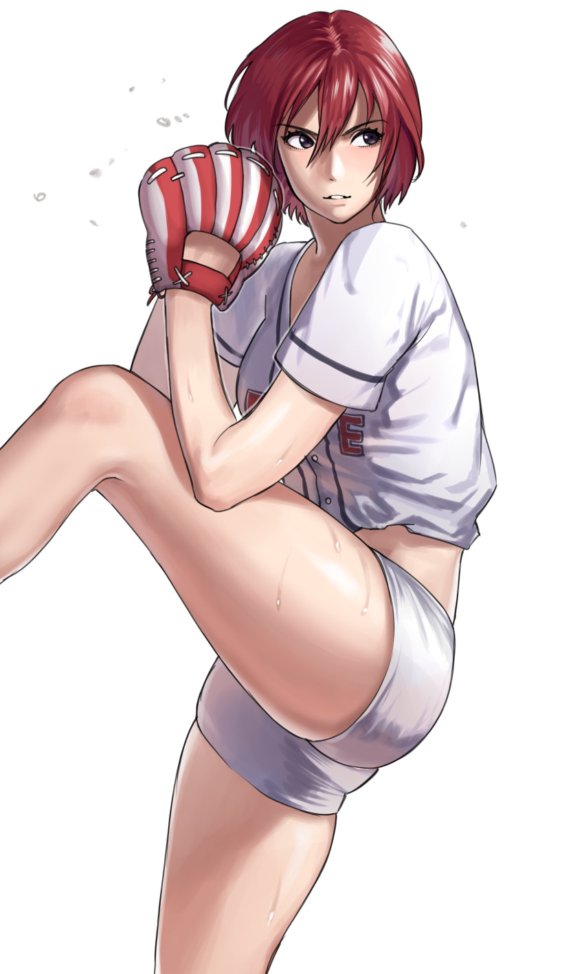 absurdres baseball_mitt black_eyes blush feet_out_of_frame female hair_between_eyes han_soo-min_(hanny) hanny_(uirusu_chan) highres midriff original parted_lips pitching red_hair shirt short_hair short_sleeves shorts simple_background smile solo tekken white_background white_shirt white_shorts