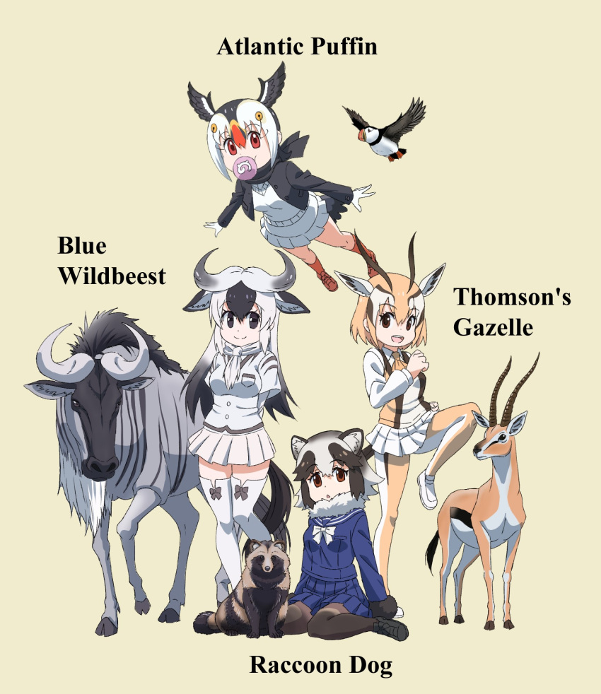 4girls animal_collar animal_ears ascot atlantic_puffin atlantic_puffin_(kemono_friends) bird black_eyes black_footwear black_hair black_jacket black_legwear black_scarf blonde_hair blouse blue_shirt blue_wildebeest_(kemono_friends) bob_cut bow bowtie brown_eyes character_name closed_mouth collar collared_shirt commentary_request creature_and_personification deer_ears deer_tail english_text extra_ears flying fur-trimmed_sleeves fur_collar fur_trim gazelle head_wings highres horns jacket japari_symbol kemono_friends kemono_friends_2 leg_up long_hair long_sleeves looking_at_viewer miniskirt mouth_hold multicolored_hair multiple_girls name_connection open_mouth orange_ascot ox_ears ox_horns pantyhose pleated_skirt puffin raccoon_ears red_eyes red_footwear red_hair red_legwear scarf school_uniform scrunchie serafuku shirt shoes short_hair short_sleeves simple_background sitting skirt smile socks standing standing_on_one_leg sweater tail tanuki tanuki_(kemono_friends) thighhighs thomson's_gazelle_(kemono_friends) two-tone_hair v-neck wariza white_bow white_bowtie white_hair white_scarf white_scrunchie white_shirt white_skirt white_sweater wildebeest wings yamaguchi_yoshimi yellow_background yellow_legwear