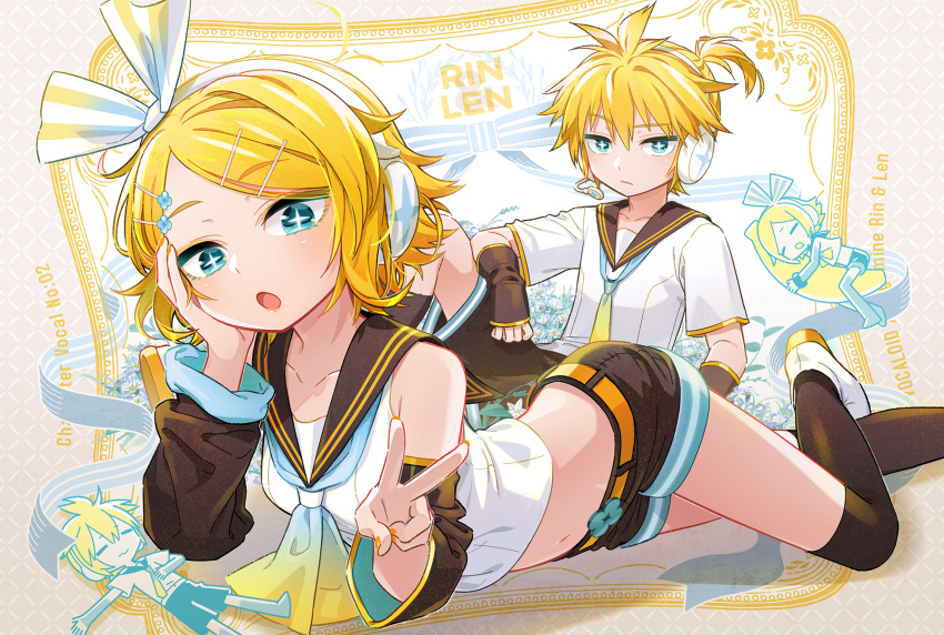 1boy arm_warmers banana bare_shoulders black_sailor_collar black_shorts blonde_hair blue_eyes bored bow character_name cheek_rest chibi chibi_inset closed_eyes commentary crop_top cross_print female food fruit gradient_clothes hair_ornament hairbow hairclip headphones highres hugging_object kagamine_len kagamine_rin lying midriff navel neckerchief necktie on_back on_side open_mouth ribbon sailor_collar school_uniform shirt short_hair short_ponytail short_shorts short_sleeves shorts sitting sleeveless sleeveless_shirt spiked_hair striped striped_bow striped_ribbon swept_bangs symbol_in_eye thighhighs uchako v vocaloid white_shirt yellow_neckerchief yellow_necktie