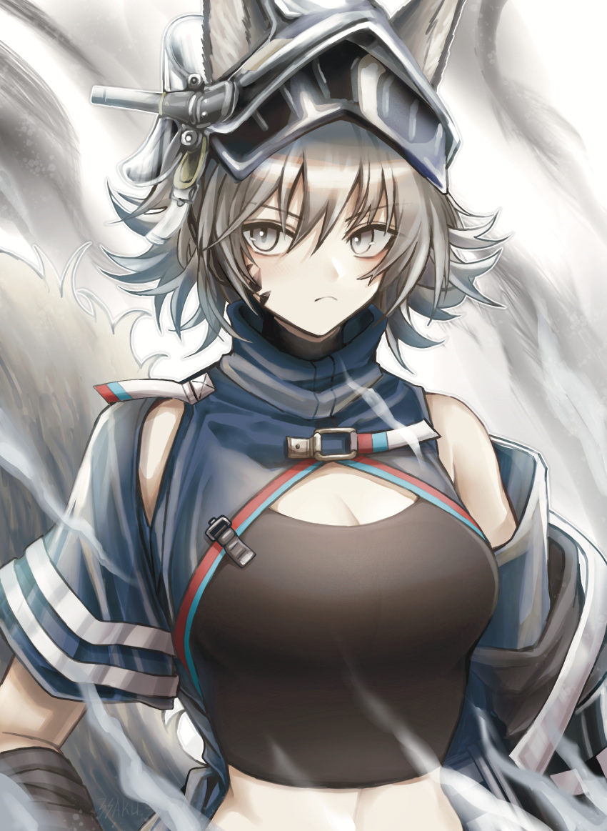 3_(sanyako1) animal_ears arknights ashlock_(arknights) ashlock_(elite_ii)_(arknights) bare_shoulders blush breasts brown_hair cleavage closed_mouth crop_top ears_through_headwear female grey_eyes highres looking_at_viewer material_growth medium_breasts navel off_shoulder oripathy_lesion_(arknights) short_hair solo squirrel_ears squirrel_girl squirrel_tail tail upper_body v-shaped_eyebrows visor_(armor)