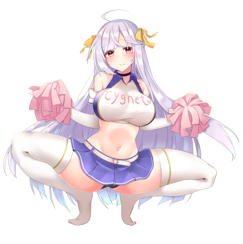 absurdres azur_lane bare_shoulders belt blush breasts cheerleader cygnet_(azur_lane) cygnet_(royal_fanfare)_(azur_lane) elbow_gloves female full_body gloves hair_ribbon highres large_breasts light_purple_hair long_hair looking_at_viewer midriff miniskirt official_alternate_costume pom_pom_(cheerleading) purple_skirt red_eyes ribbon shinomiya_mao shirt skirt sleeveless sleeveless_shirt solo stomach thighhighs two-tone_shirt very_long_hair white_belt white_gloves white_thighhighs yellow_ribbon