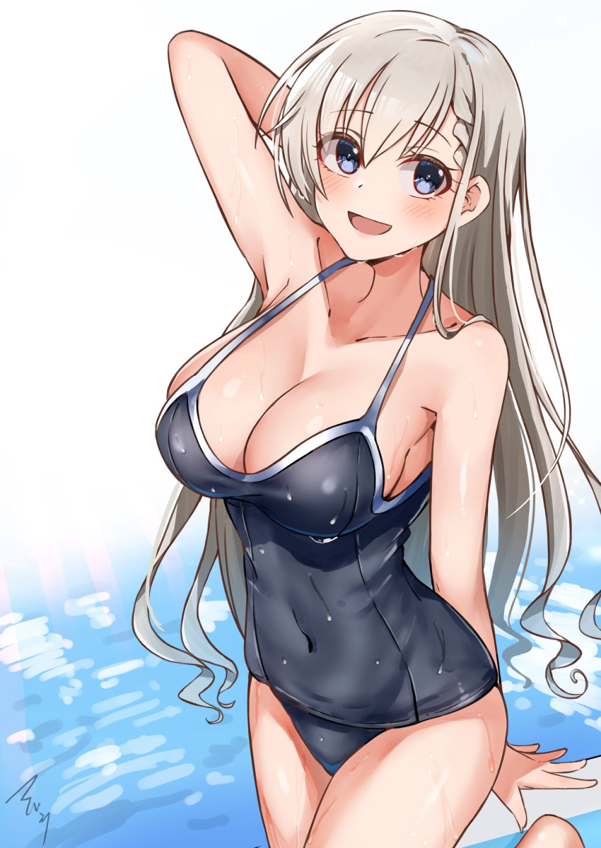 blue_eyes braid braided_bangs breasts cleavage commentary_request covered_navel cowboy_shot female grey_hair highres hisakawa_hayate idolmaster idolmaster_cinderella_girls large_breasts long_hair looking_at_viewer mabanna one-piece_swimsuit school_swimsuit signature simple_background solo standing standing_on_one_leg swimsuit water white_background