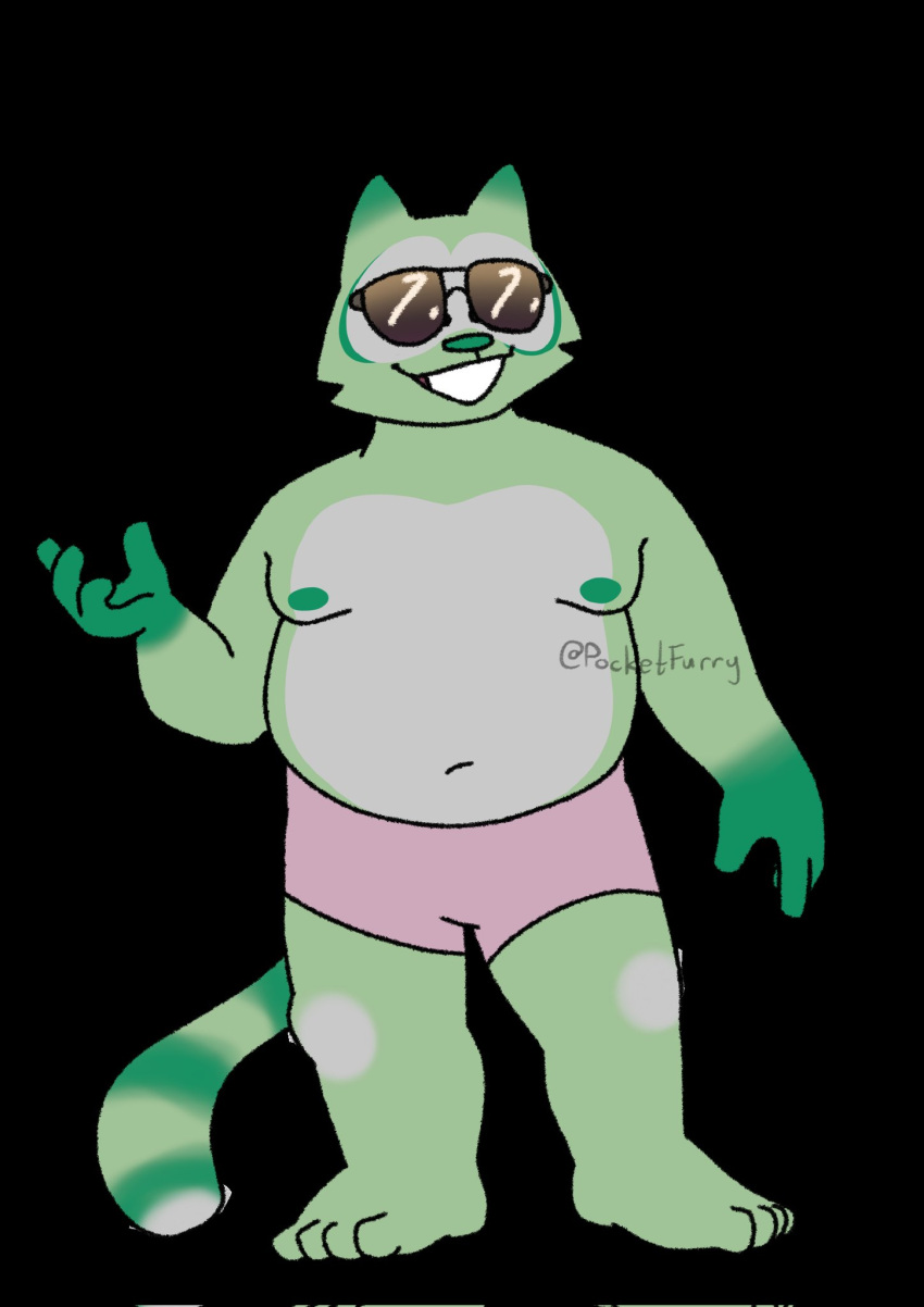 4_fingers 4_toes anthro bent_arm bottomwear clothing digital_media_(artwork) english_text eyewear feet fingers fred_(fredrick_brennan) front_view fur green_body green_fur hi_res male mammal navel nipples overweight overweight_male pocketfurry procyonid raccoon shorts slightly_chubby smile smiling_at_viewer solo standing sunglasses text toes