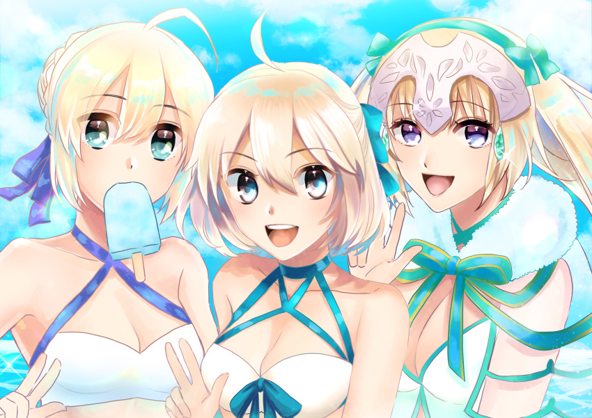 3girls absurdres ahoge aqua_bow artoria_pendragon_(fate) artoria_pendragon_(swimsuit_archer)_(fate) artoria_pendragon_(swimsuit_archer)_(first_ascension)_(fate) bare_shoulders bikini blonde_hair blue_eyes blue_ribbon blue_sky blush bow braid breasts cleavage collarbone fate/grand_order fate_(series) food french_braid fur_collar green_eyes grey_eyes hair_bun hair_ribbon hairbow headpiece highres jeanne_d'arc_(fate) jeanne_d'arc_(swimsuit_archer)_(fate) jeanne_d'arc_(swimsuit_archer)_(third_ascension)_(fate) large_breasts long_hair looking_at_viewer medium_breasts mouth_hold multiple_girls ocean okita_j._souji_(fate) okita_j._souji_(third_ascension)_(fate) okita_souji_(fate) open_mouth popsicle ribbon short_hair single_hair_bun siratamairipafe sky small_breasts smile swimsuit twintails w white_bikini