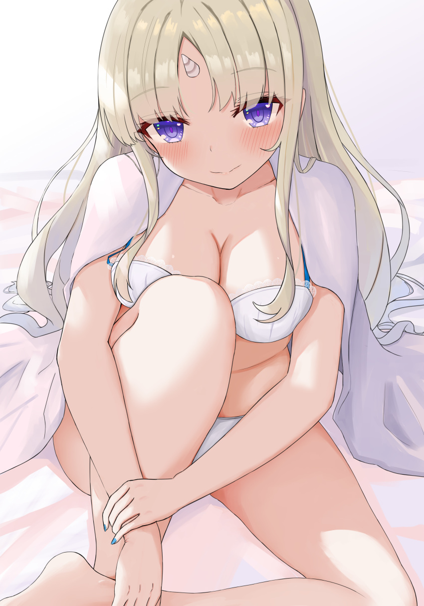 absurdres bad_id bad_pixiv_id blonde_hair blush bra breasts civia cleavage collarbone commentary female highres hololive hololive_china horns knees_up long_hair nail_polish nedo panties purple_eyes shirt_on_shoulders single_horn sitting solo underwear underwear_only virtual_youtuber white_bra white_panties