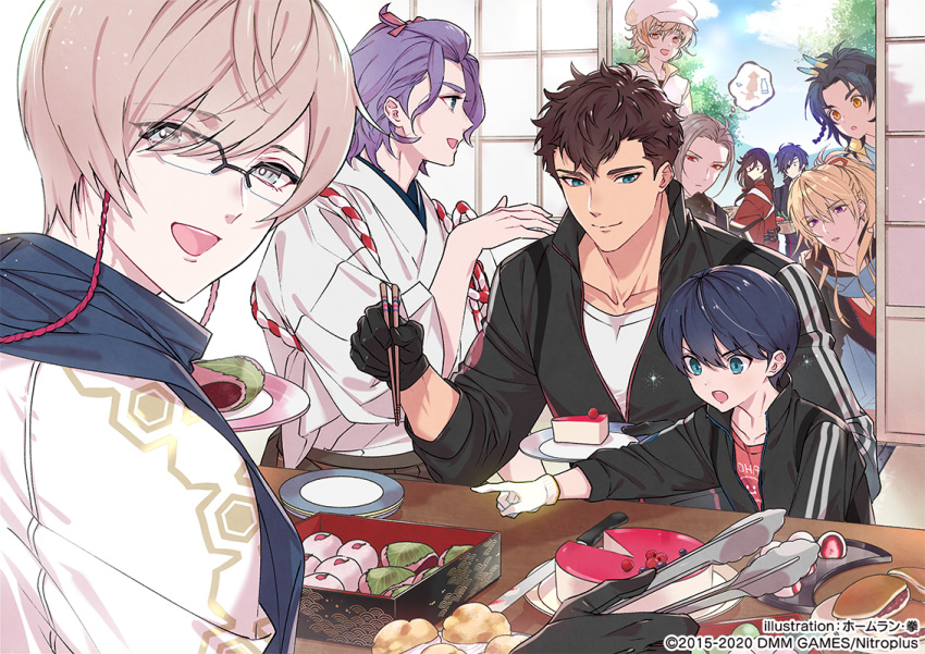 6+boys :d azuki_nagamitsu_(touken_ranbu) black_gloves black_hair blonde_hair blue_eyes blue_sky blueberry braid brown_hair cake cake_slice chopsticks commentary_request cream_puff daifuku daihannya_nagamitsu_(touken_ranbu) dorayaki eyewear_strap feather_hair_ornament feathers food fruit glasses gloves grey_hair hair_ornament hat holding holding_chopsticks holding_plate holding_tongs homerun_ken ichigo_daifuku imagining izumi-no-kami_kanesada jacket japanese_clothes kasen_kanesada kenshin_kagemitsu kikkou_sadamune knife kouhaku_nawa kouryuu_kagemitsu leaf looking_at_another looking_at_viewer looking_back male_focus monoyoshi_sadamune multiple_boys official_art open_mouth plate pointing ponytail purple_eyes purple_hair raspberry red_eyes rope sakura_mochi shimenawa shokudaikiri_mitsutada sky sliding_doors smile squid taikogane_sadamune thought_bubble tongs touken_ranbu track_jacket wagashi white_gloves yellow_eyes