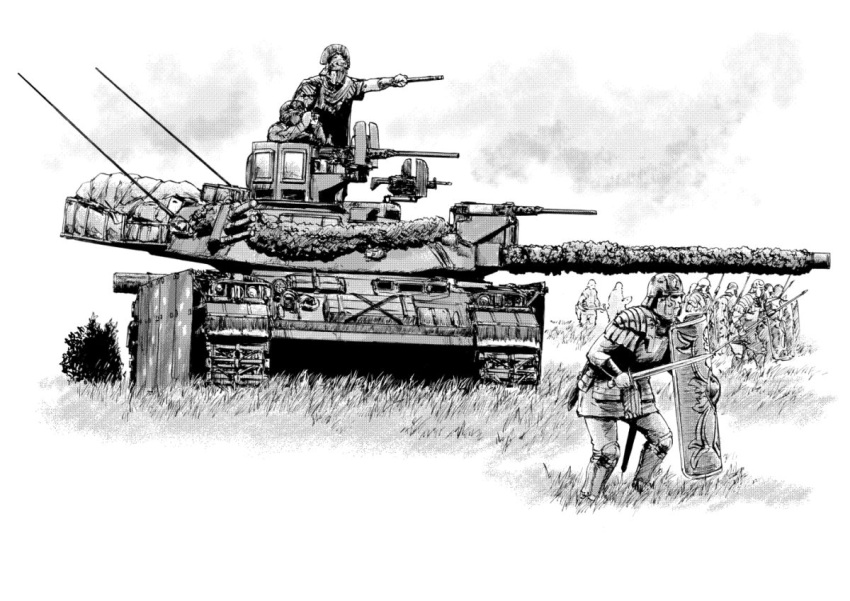 2boys armor caterpillar_tracks gate_-_jieitai_ka_no_chi_nite_kaku_tatakaeri greyscale gun machine_gun male_focus military military_vehicle monochrome motor_vehicle multiple_boys outstretched_arm pointing radio_antenna sao_satoru shield sword tank type_74_(tank) weapon