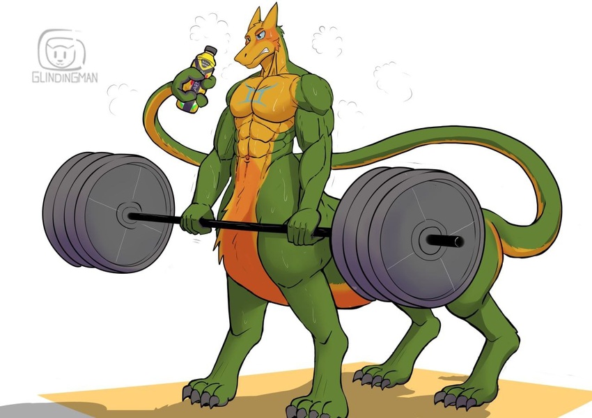 ambiguous_gender astrological_symbol beverage blue_sclera energy_drink exercise exercise_gear gemini_(symbol) gemini_the_sergal holding_barbell holding_object male sergal soendapuss solo symbol tail tail_hand taur unusual_anatomy unusual_tail weightlifting western_zodiac_symbol workout