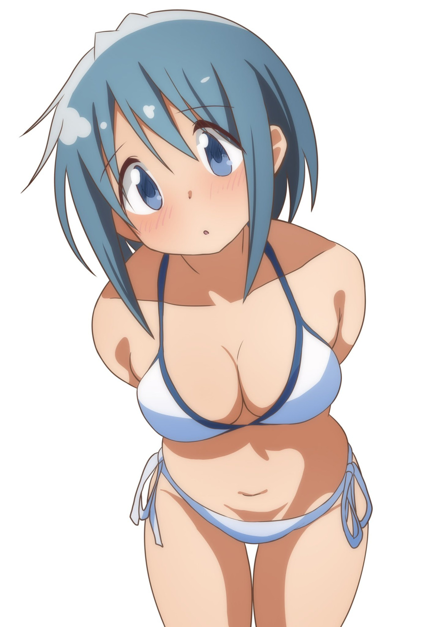 :o arms_behind_back bad_id bad_pixiv_id bikini blue_eyes blue_hair blush bob_cut breasts check_commentary cleavage collarbone commentary commentary_request cowboy_shot dot_nose female groin halterneck hateri head_tilt highres leaning_forward looking_at_viewer mahou_shoujo_madoka_magica mahou_shoujo_madoka_magica_(anime) medium_breasts medium_hair miki_sayaka open_mouth side-tie_bikini_bottom sidelocks simple_background skindentation solo standing string_bikini swimsuit thigh_gap thighs white_background white_bikini