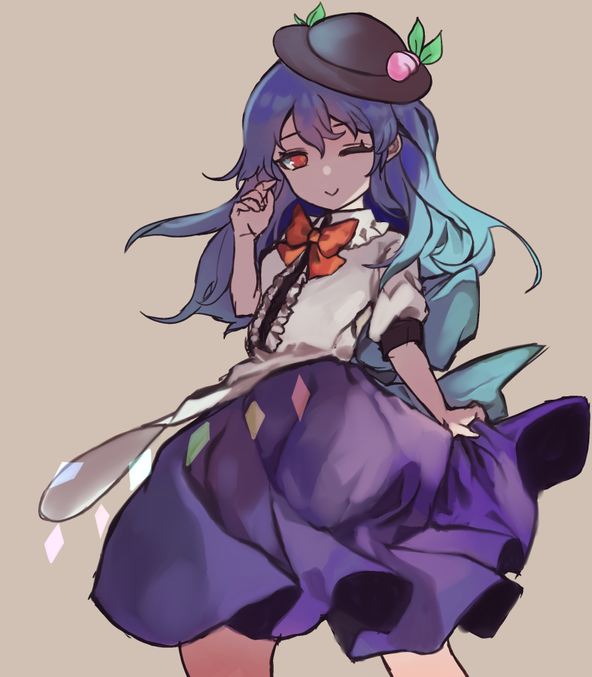 ;) absurdres black_hat blue_hair blue_skirt bow bowtie female food fruit grey_background hat highres hinanawi_tenshi leaf long_hair looking_at_viewer mikomo0106 one_eye_closed peach puffy_short_sleeves puffy_sleeves red_bow red_eyes shirt short_sleeves simple_background skirt smile solo touhou