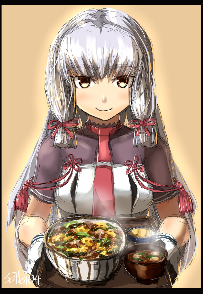 blunt_bangs breasts dress female food food_request gloves highres kantai_collection layered_gloves medium_breasts murakumo_(kancolle) murakumo_kai_ni_(kancolle) one-hour_drawing_challenge orange_eyes seitei_(04seitei) smile solo strapless strapless_dress tray unworn_headgear white_hair