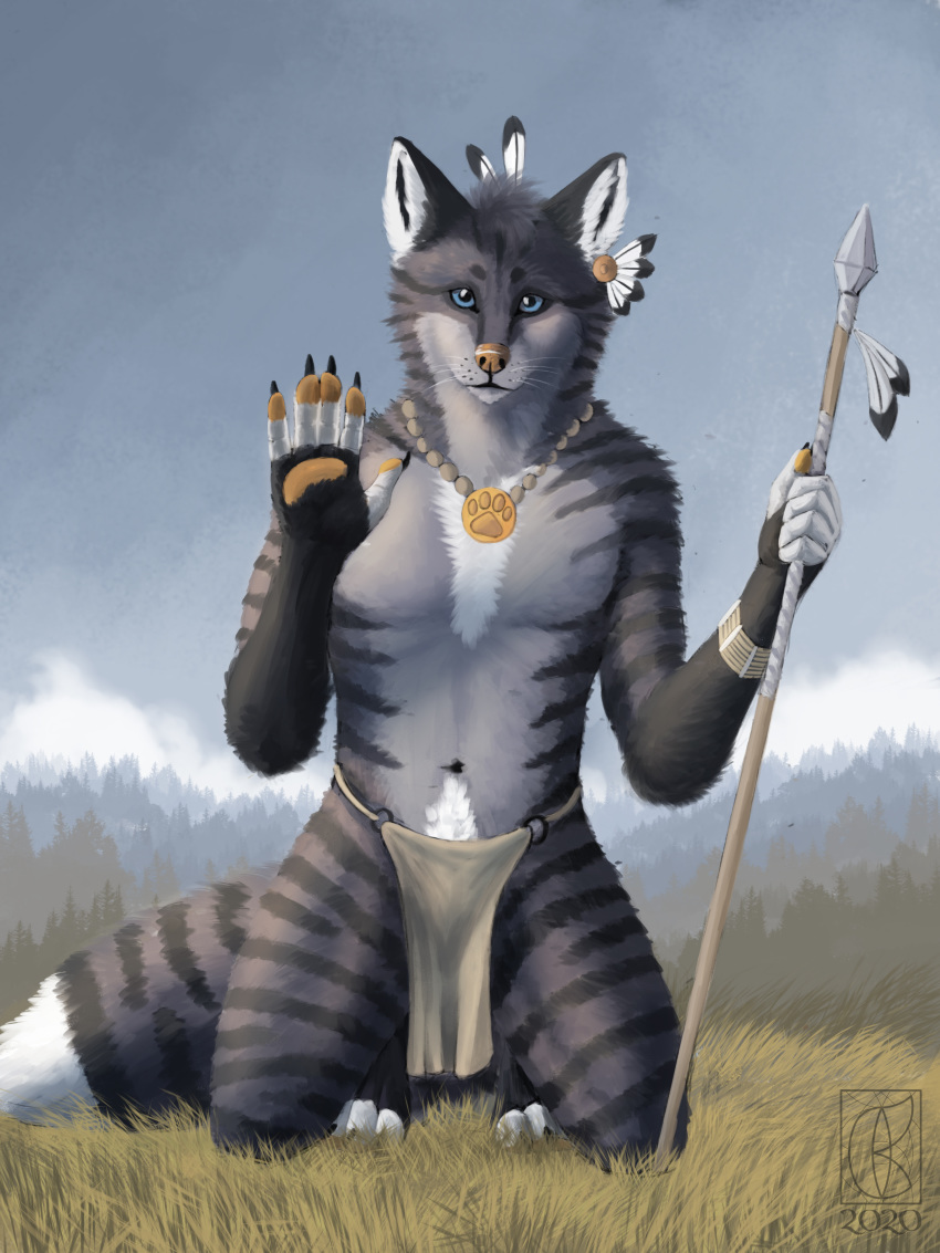 3:4 absurd_res anthro bottomwear canid canine clothing domestic_cat feathers felid feline felis fluffy fox hi_res hybrid loincloth male mammal melee_weapon paws polearm solo solokhoniir spear stripes tabby_cat tribal weapon zax_(zwalexan)