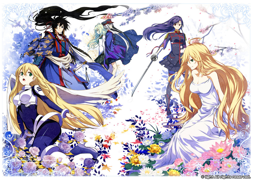 6+girls :o ahoge angel_wings back-to-back black_hair blonde_hair bodysuit cape creator_connection dies_irae dress feathered_wings floral_print flower fringe_trim g_yuusuke green_eyes green_hair hat higoromo_nanten ishigami_shizuno kajiri_kamui_kagura katana koga_rindou lilliel long_hair looking_at_viewer marie_(dies_irae) multiple_girls official_art paradise_lost ponytail purple_hair sera_mizuki serious shinza_bansho_series smile soushuu_senshinkan_gakuen_bansenjin soushuu_senshinkan_gakuen_hachimyoujin sword uniform very_long_hair weapon white_dress white_hair wings