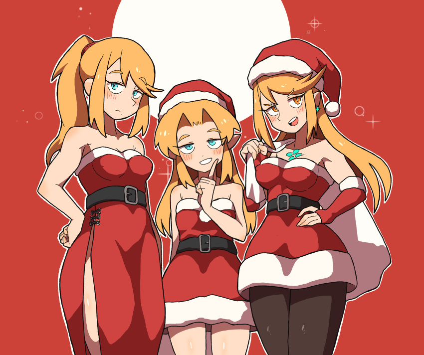 3girls absurdres alternate_costume bare_shoulders belt black_thighhighs blonde_hair blue_eyes blunt_bangs blush breasts chest_jewel christmas dangle_earrings dress earrings hand_on_own_hip hat highres jewelry long_hair metroid multiple_girls mythra_(massive_melee)_(xenoblade) mythra_(xenoblade) omura_zojiki pantyhose ponytail princess_zelda samus_aran santa_costume santa_hat short_dress side_slit strapless strapless_dress super_smash_bros. swept_bangs the_legend_of_zelda the_legend_of_zelda:_a_link_between_worlds thighhighs very_long_hair xenoblade_chronicles_(series) xenoblade_chronicles_2 yellow_eyes