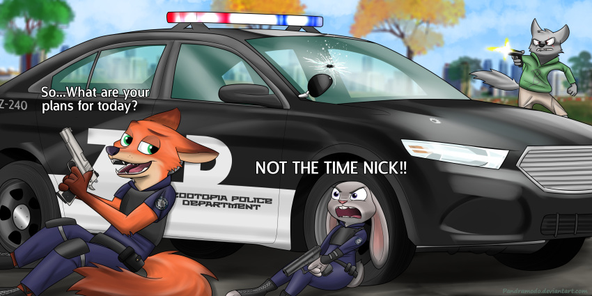 2:1 absurd_res angry anthro bottomwear bullet_hole canid canine car city clothing dialogue disney english_text female flirting ford ford_taurus fox group gun handgun hi_res holding_gun holding_object holding_ranged_weapon holding_weapon hoodie judy_hopps lagomorph leporid male mammal motor_vehicle nick_wilde outside pandramodo pants pistol plant police police_car police_uniform police_vehicle procyonid rabbit raccoon ranged_weapon red_fox shooting sitting sitting_on_ground taking_cover text topwear tree trio true_fox uniform vehicle weapon yelling zootopia