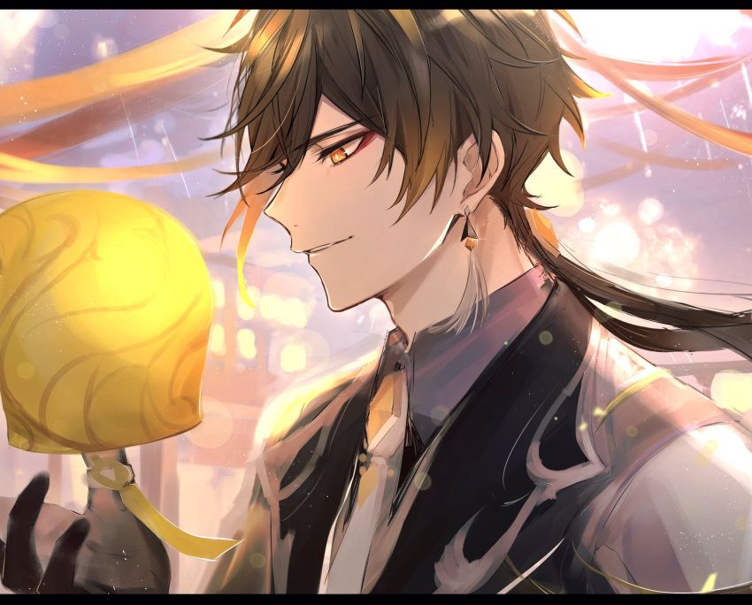 1boy black_gloves black_hair blurry blurry_background brown_hair collared_shirt earrings formal from_side genshin_impact gloves gumilkx hair_between_eyes highres jacket jewelry lantern long_hair male_focus multicolored_hair necktie open_mouth ponytail shirt single_earring solo suit tassel tassel_earrings yellow_eyes zhongli_(genshin_impact)