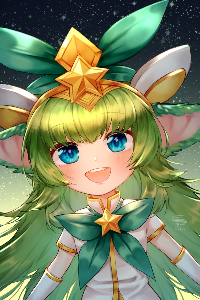 :d artist_name blue_eyes blush bow bowtie elbow_gloves female gloves gradient_background green_background green_bow green_bowtie green_hair hair_ornament highres league_of_legends long_hair looking_at_viewer lulu_(league_of_legends) pointy_ears short_sleeves shrimp_cake smile solo star_(symbol) star_guardian_(league_of_legends) star_guardian_lulu star_hair_ornament starry_background teeth upper_body upper_teeth_only watermark white_gloves yordle