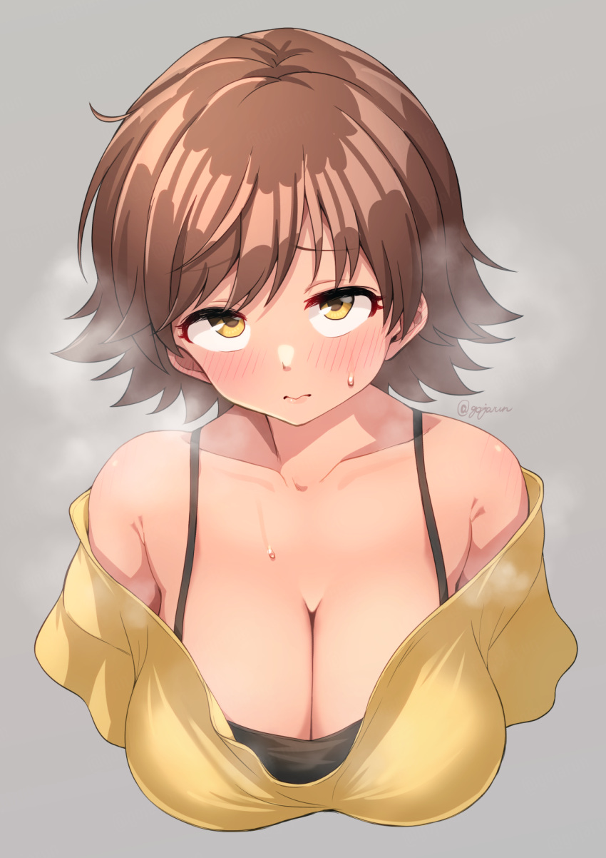 armpit_crease black_camisole blush breasts brown_hair camisole cleavage collarbone cropped_torso female gojarun grey_background highres honda_mio idolmaster idolmaster_cinderella_girls large_breasts looking_at_viewer shirt simple_background solo steam steaming_body sweatdrop twitter_username upper_body yellow_shirt