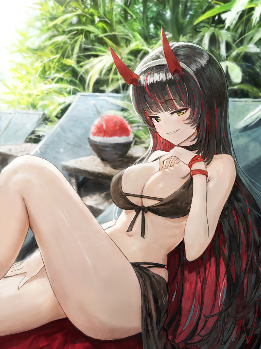 bikini black_bikini black_hair bowl breasts chair choker cleavage fake_horns female final_gear food highres horned_headwear horns large_breasts looking_at_viewer multicolored_hair navel plant pn72_yogui red_hair shaved_ice sitting smile solo sonchi spoon swimsuit yellow_eyes