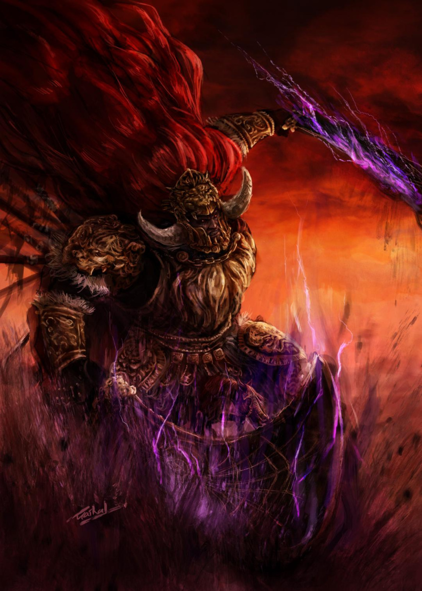 1boy armor clenched_teeth commentary_request debris dual_wielding elden_ring fake_horns gaiiihal glowing glowing_eyes greatsword greaves helmet highres holding holding_sword holding_weapon horned_helmet horns horse horseback_riding leonard_(elden_ring) long_hair male_focus open_mouth outdoors red_hair riding shoulder_armor signature solo starscourge_radahn sword teeth weapon