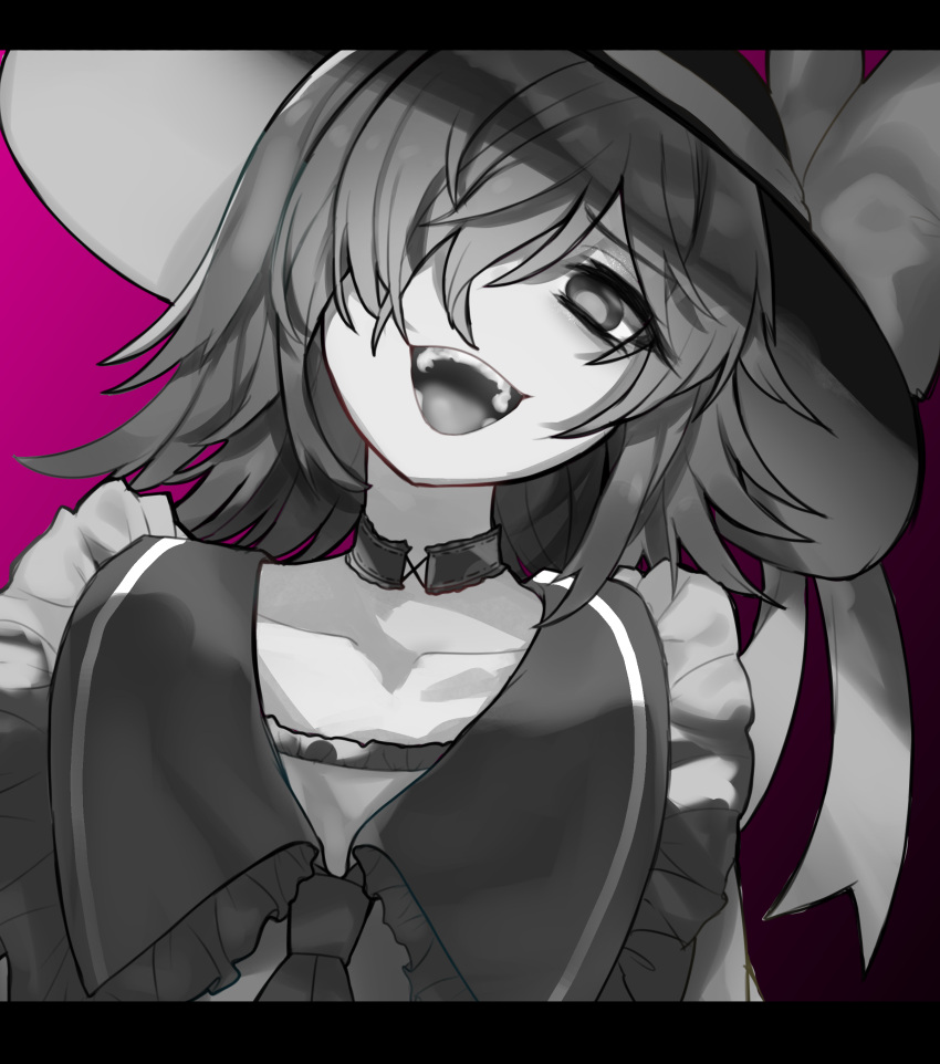 :d absurdres collarbone commentary_request empty_eyes female frills gradient_background greyscale_with_colored_background hair_over_one_eye half-closed_eyes hat highres komeiji_koishi letterboxed medium_hair mikomo0106 monochrome open_mouth purple_background simple_background smile solo teeth touhou upper_body