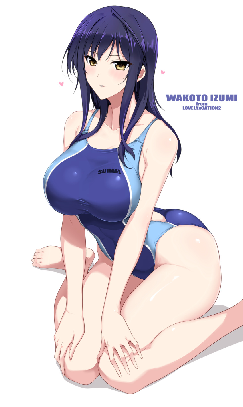 bare_shoulders blue_hair blue_one-piece_swimsuit blush breasts character_name collarbone commentary_request competition_swimsuit female halcon heart highleg highleg_swimsuit highres izumi_wakoto large_breasts long_hair looking_at_viewer lovely_x_cation_2 one-piece_swimsuit parted_lips simple_background sitting solo swimsuit thighs wariza white_background yellow_eyes