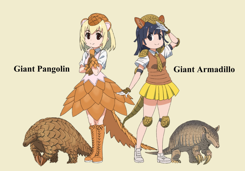 2girls armadillo armadillo_ears armadillo_tail black_eyes black_hair blonde_hair boots brown_footwear brown_gloves brown_headwear brown_necktie brown_sweater character_name commentary_request creature_and_personification cross-laced_footwear dress_shirt elbow_pads english_text extra_ears flat_cap giant_armadillo_(kemono_friends) giant_pangolin_(kemono_friends) gloves grey_footwear half_gloves hat highres kemono_friends kemono_friends_2 knee_boots knee_pads lace-up_boots looking_at_viewer medium_hair miniskirt multiple_girls name_connection necktie no_socks pangolin pangolin_ears pangolin_tail pleated_skirt shirt shoes short_hair short_sleeves simple_background skirt sneakers standing sweater sweater_vest white_gloves white_shirt wing_collar yamaguchi_yoshimi yellow_background yellow_skirt