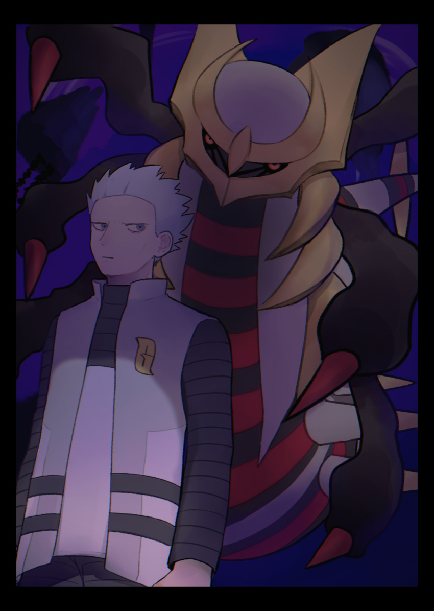 1boy black_border black_shirt border closed_mouth commentary_request cyrus_(pokemon) furosushi giratina giratina_(origin) grey_eyes grey_hair grey_vest highres logo long_sleeves looking_at_viewer male_focus open_clothes open_vest pokemon pokemon_(creature) pokemon_dppt shirt short_hair sideways_glance spiked_hair team_galactic team_galactic_uniform vest