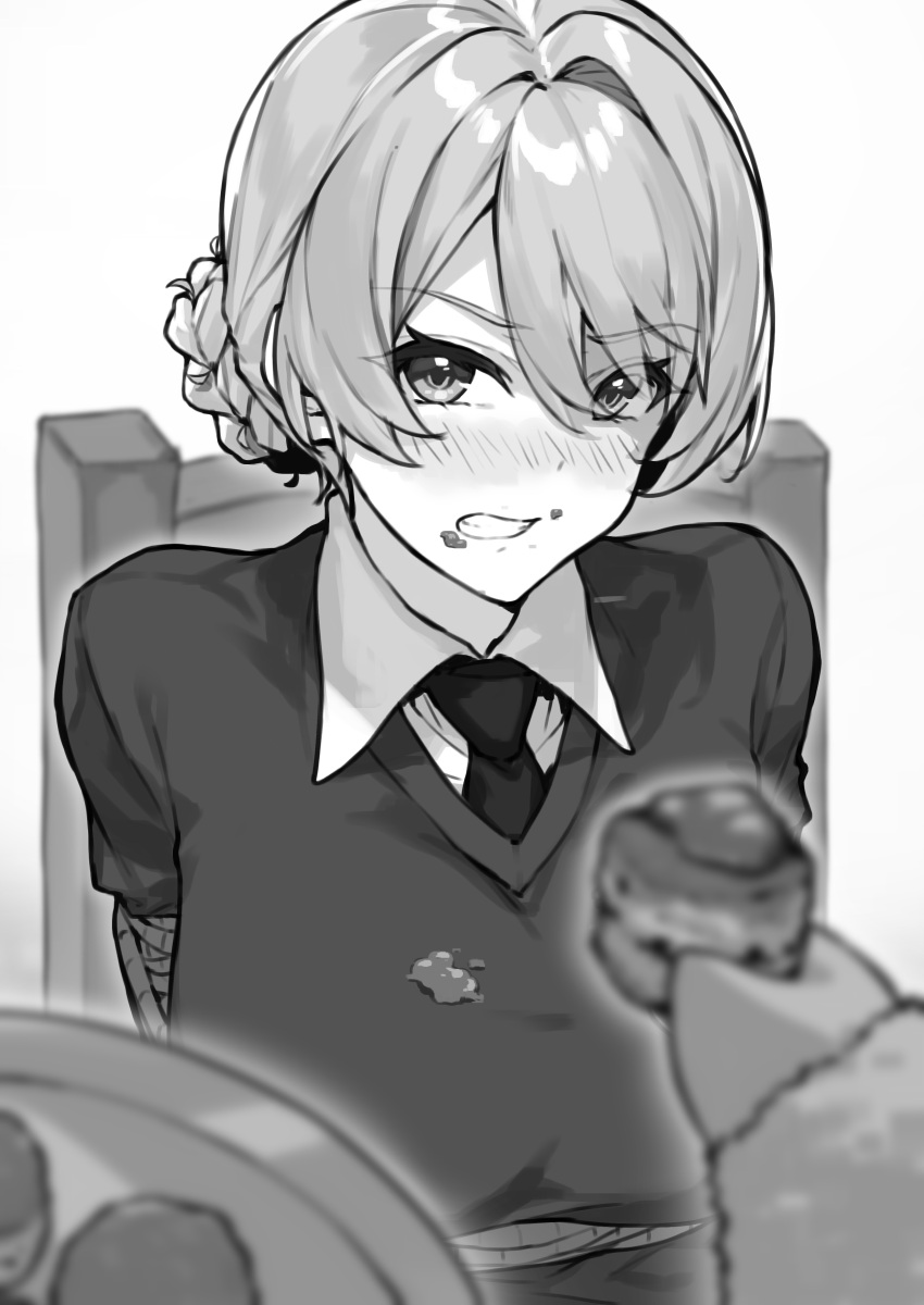 absurdres angry blush bound braid braided_bun chair clenched_teeth commentary_request darjeeling_(girls_und_panzer) dress_shirt feeding female food food_on_body food_on_breasts food_on_face force-feeding girls_und_panzer greyscale hair_bun highres holding holding_food kimi_tsuru looking_at_viewer monochrome necktie pov rope school_uniform shirt short_hair solo_focus st._gloriana's_school_uniform sweater teeth tied_to_chair v-neck white_background