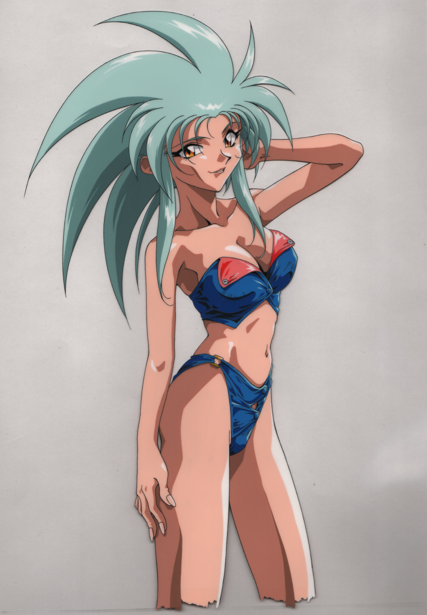 1990s_(style) absurdres arm_behind_head arm_up big_hair bikini blue_bikini breasts cel cleavage collarbone cropped_legs female highres large_breasts light_green_hair navel non-web_source official_art pointy_ears retro_artstyle ryouko_(tenchi_muyou!) scan simple_background smile solo spiked_hair strapless strapless_bikini swimsuit tenchi_muyou! yellow_eyes