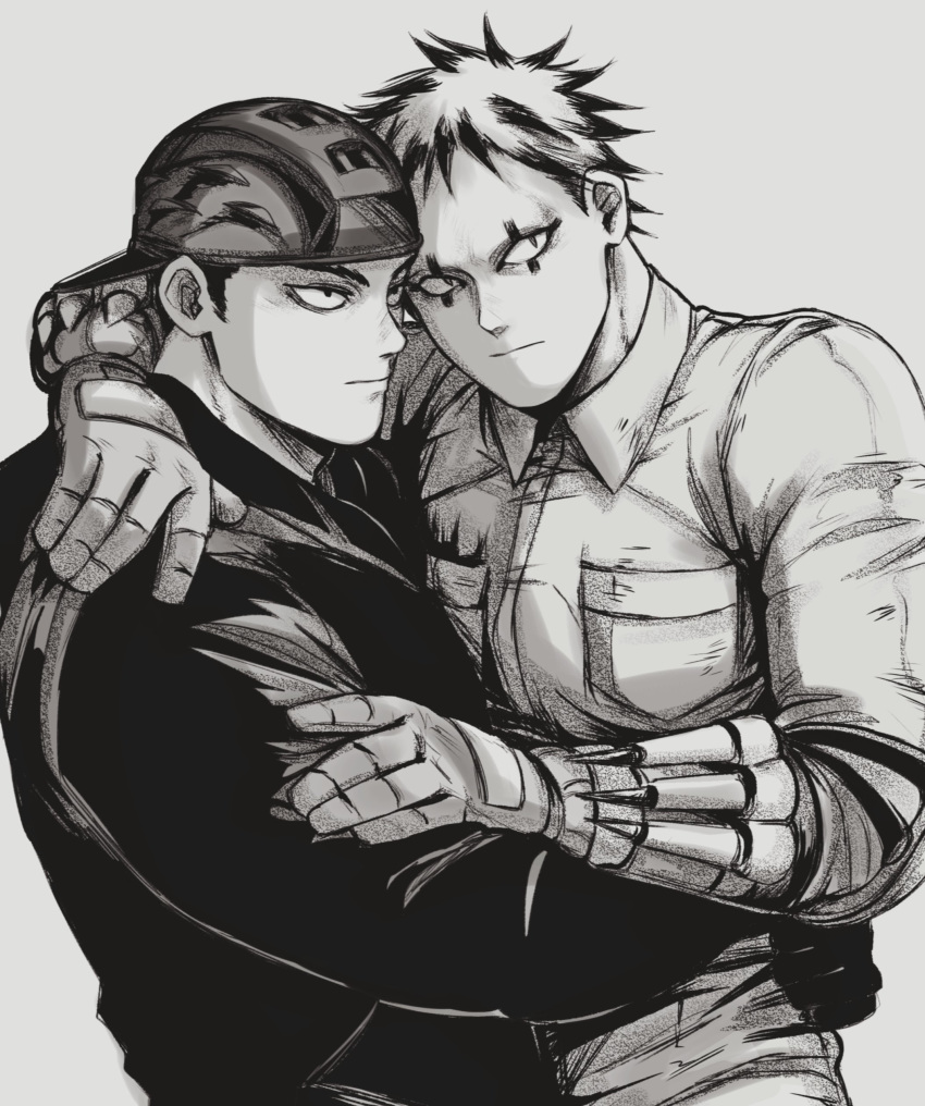 2boys absurdres aikawa_(dorohedoro) arm_hug backwards_hat bara closed_eyes collared_shirt dorohedoro facial_mark florbetriz focused gloves greyscale hand_on_another's_shoulder hand_on_another's_waist hat highres hug looking_to_the_side male_focus monochrome multicolored_hair multiple_boys muscular muscular_male mutual_hug pectoral_docking pectoral_press risu_(dorohedoro) shirt short_hair sideburns simple_background upper_body waist_hug yaoi