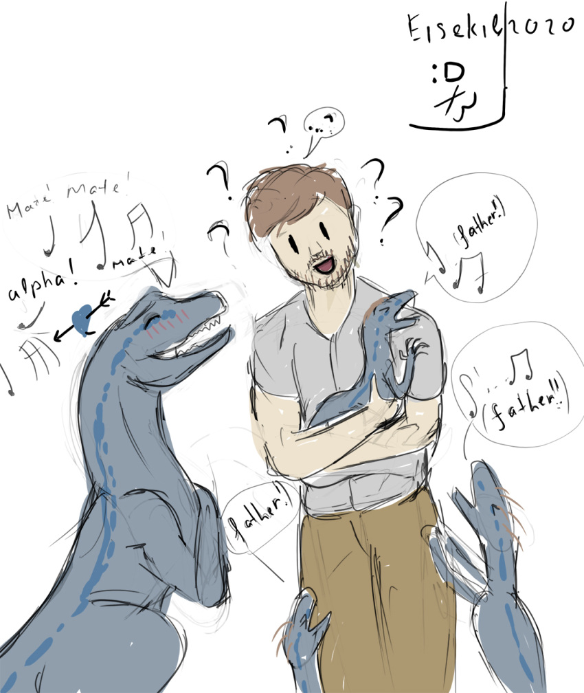 blue_(jurassic_world) blush chris_pratt clothing confusion dinosaur dromaeosaurid eisekil english_text extinct female feral group hair happy heart_symbol hi_res human humor interspecies jurassic_park jurassic_world male mammal mother_(lore) mother_and_child_(lore) open_mouth owen_grady parent_(lore) parent_and_child_(lore) prehistoric_species reptile scalie simple_background smile text theropod universal_studios velociraptor