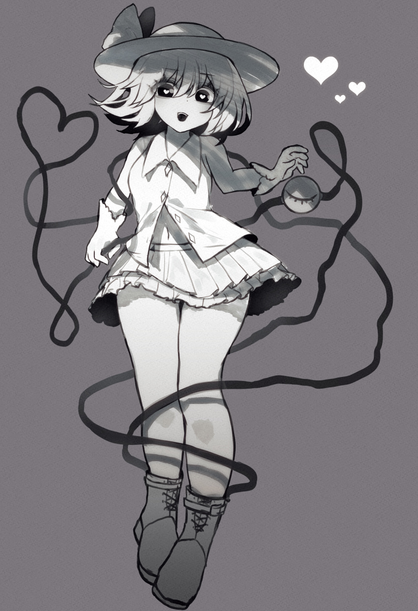 :d absurdres boots bow female full_body greyscale hair_between_eyes hat hat_bow heart heart-shaped_pupils heart_of_string highres komeiji_koishi long_sleeves looking_at_viewer mikomo0106 monochrome open_mouth pleated_skirt shirt short_hair simple_background skirt smile solo symbol-shaped_pupils third_eye touhou