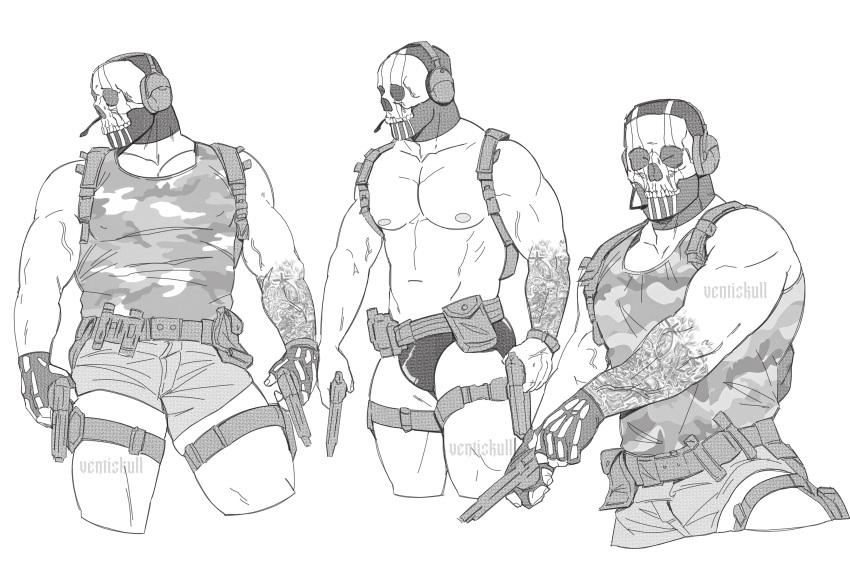 1boy absurdres arm_tattoo artist_name bara belt call_of_duty call_of_duty:_modern_warfare_2 camouflage_tank_top dilfborne_(ventiskull) fingerless_gloves ghost_(modern_warfare_2) gloves greyscale gun headphones highres holding holding_gun holding_weapon large_pectorals male_focus male_underwear mask monochrome muscular muscular_male navel nipples pectorals shorts skull_mask tank_top tattoo underwear watch weapon wristwatch