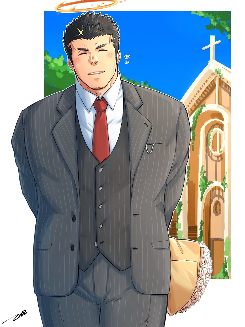 1boy alternate_costume bara blonde_hair bouquet church collared_shirt cowboy_shot facial_hair flower formal halo highres holding holding_bouquet male_focus multicolored_hair necktie open_mouth red_necktie shirt short_hair signature smile solo stubble tepen_(tptptpn) tokyo_afterschool_summoners very_short_hair vest zabaniyya_(fashionista_suit)_(housamo) zabaniyya_(housamo)