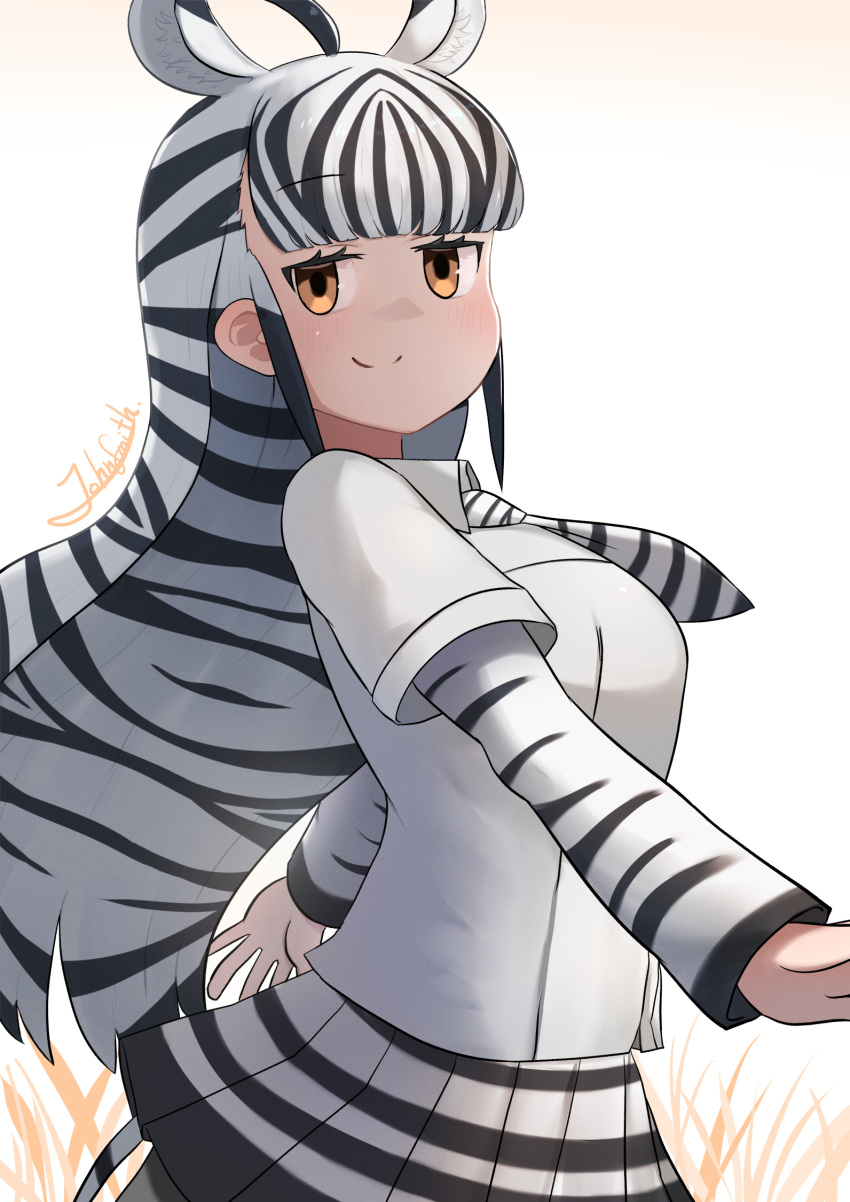 animal_ears animal_print black_hair blush breasts brown_eyes extra_ears female highres john_(a2556349) kemono_friends kemono_friends_3 large_breasts long_hair long_sleeves looking_at_viewer multicolored_hair necktie plains_zebra_(kemono_friends) shirt short_sleeves skirt smile solo striped_hair tail two-tone_hair white_hair zebra_ears zebra_girl zebra_print zebra_tail