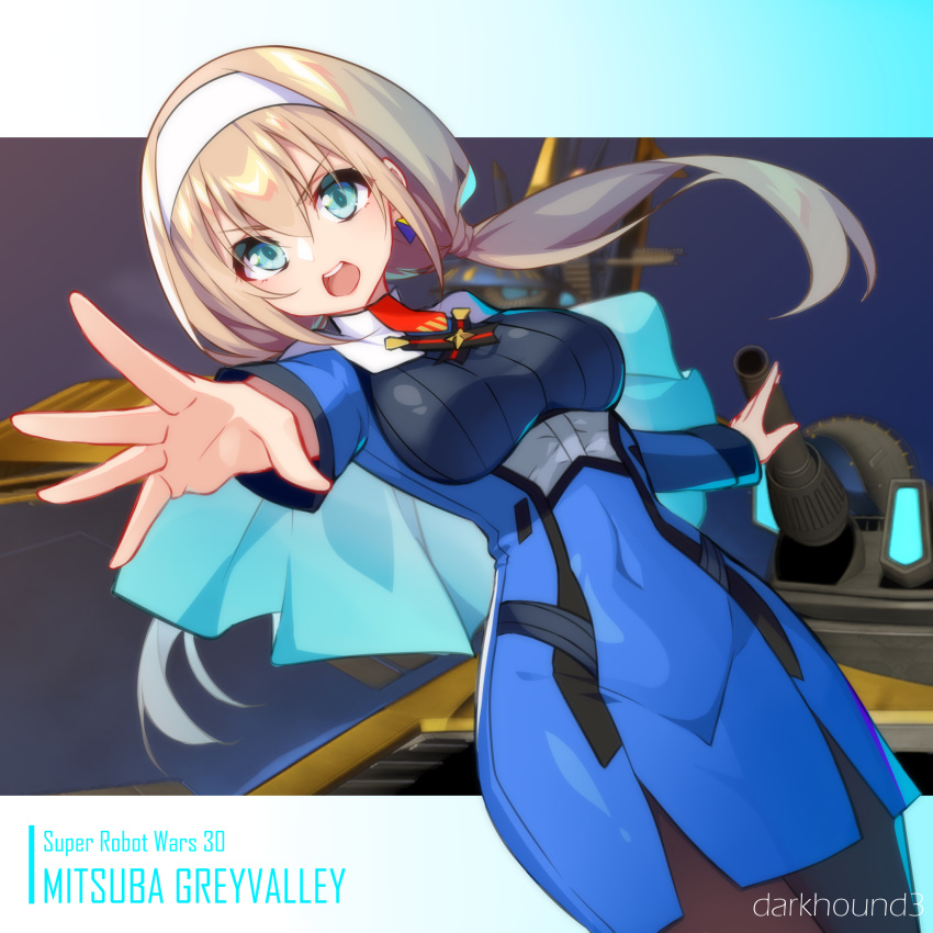 blonde_hair blue_eyes breasts capelet character_name dark_hound_3 female hair_behind_ear hairband highres large_breasts low_twintails mitsuba_greyvalley open_mouth pantyhose signature solo super_robot_wars super_robot_wars_30 twintails white_capelet white_hairband