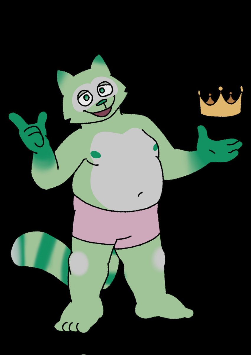 4_fingers 4_toes anthro bottomwear clothing crown digital_media_(artwork) feet fingers fred_(fredrick_brennan) front_view fur green_body green_fur headgear hi_res looking_at_viewer male mammal navel nipples open_mouth overweight overweight_male pocketfurry procyonid raccoon shorts slightly_chubby solo standing toes