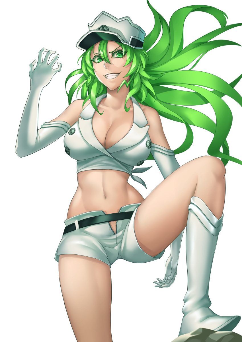 bare_shoulders belt black_belt bleach bleach:_sennen_kessen-hen boots breasts candice_catnipp cleavage collarbone commentary crop_top female fighting_stance floating_hair gloves green_eyes green_hair grin hair_between_eyes hat highres large_breasts long_hair midriff navel peaked_cap sakuya_(liao_kj) shirt short_shorts shorts simple_background sleeveless sleeveless_shirt smile solo unzipped wandenreich_uniform white_background white_footwear white_gloves white_hat white_shirt white_shorts