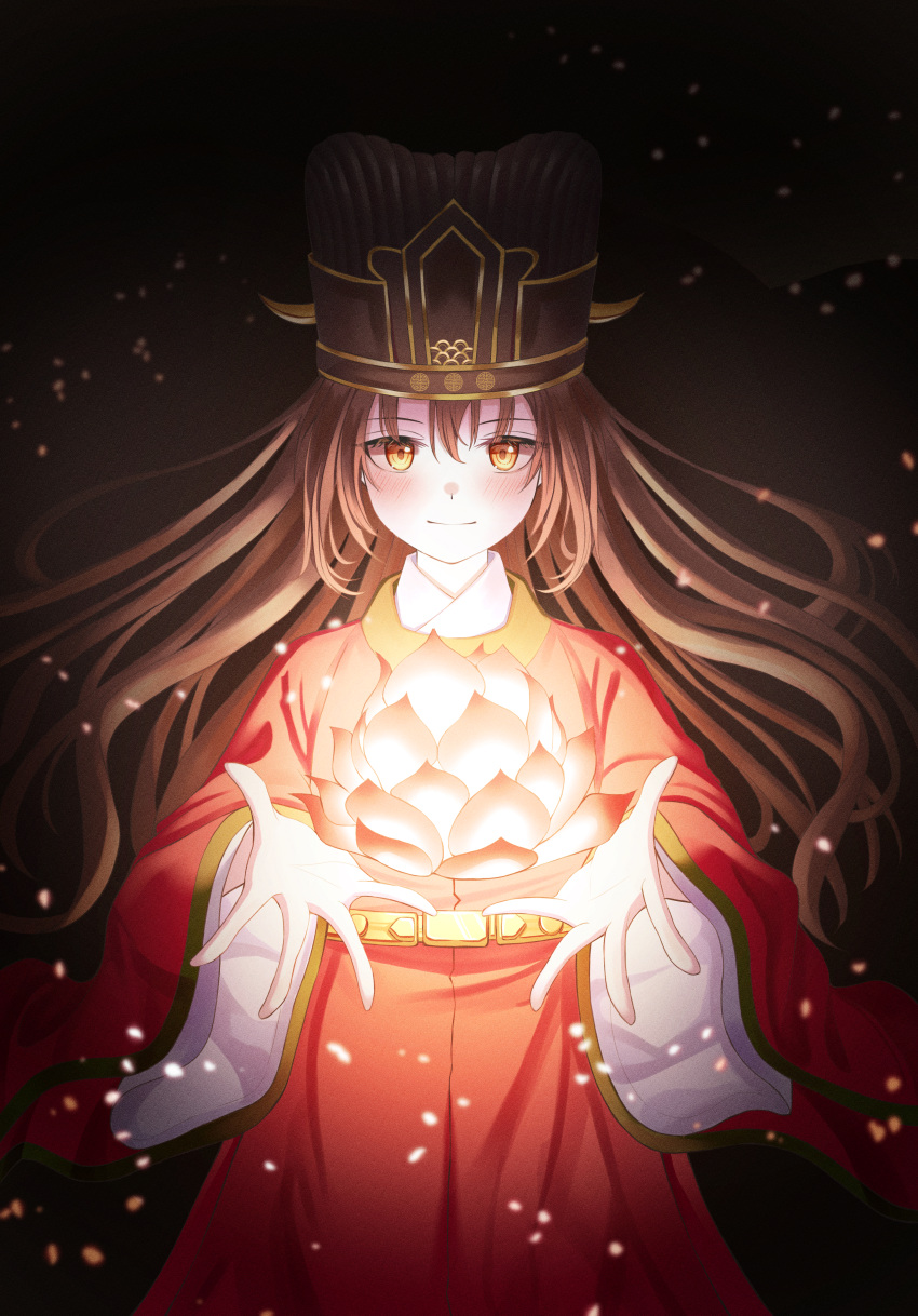 absurdres bad_id bad_pixiv_id blush brown_hair clothing_request cowboy_shot doram dress female floating floating_hair flower glowing gold_trim hair_between_eyes hat highres horned_hat lantern light light_particles light_smile long_hair long_sleeves looking_at_viewer lotus night orange_eyes original red_dress solo spread_fingers