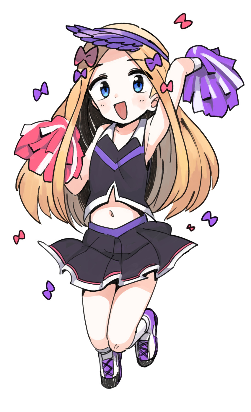 :d abigail_williams_(fate) arm_up bare_shoulders bow brynhildr_(cheer_for_master)_(fate) brynhildr_(cheer_for_master)_(fate)_(cosplay) brynhildr_(fate) brynhildr_(fate)_(cosplay) cheerleader cosplay fate/grand_order fate_(series) female full_body hairbow hand_up hat highres holding holding_pom_poms kneehighs korean_commentary lakilolom long_hair looking_at_viewer miniskirt multiple_hair_bows navel open_mouth parted_bangs pink_bow pleated_skirt pom_pom_(cheerleading) purple_bow purple_hat simple_background skirt smile socks solo tank_top very_long_hair visor_cap white_background white_socks