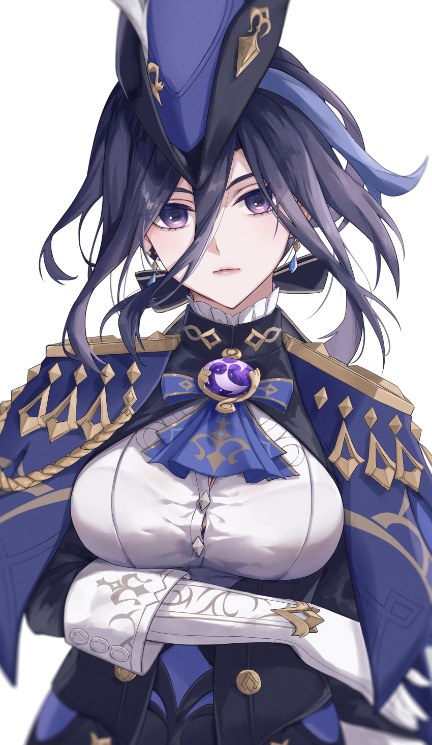 absurdres ascot black_bra blue_ascot blue_headwear bra breasts button_gap capelet clorinde_(genshin_impact) closed_mouth epaulettes female fold-over_gloves genshin_impact gloves hair_between_eyes hal_aluha hat hat_feather highres large_breasts looking_at_viewer multicolored_hair purple_eyes purple_hair streaked_hair tricorne underwear upper_body vision_(genshin_impact) white_gloves