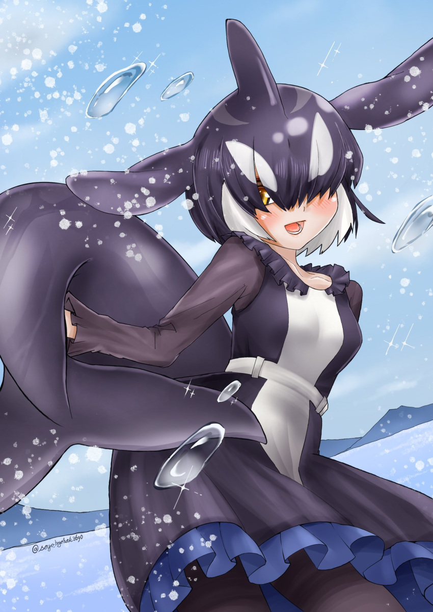 black_hair blowhole bodystocking cetacean_tail day dolphin_girl dorsal_fin dress dutch_angle female fins fish_tail frilled_dress frills hair_over_one_eye hand_up hanenemu_yo_guru head_fins highres kemono_friends leaning_to_the_side lips long_sleeves looking_at_viewer medium_dress mountainous_horizon multicolored_hair open_mouth orca_(kemono_friends) outdoors parted_bangs short_hair smile solo splashing tail two-tone_hair water white_hair yellow_eyes