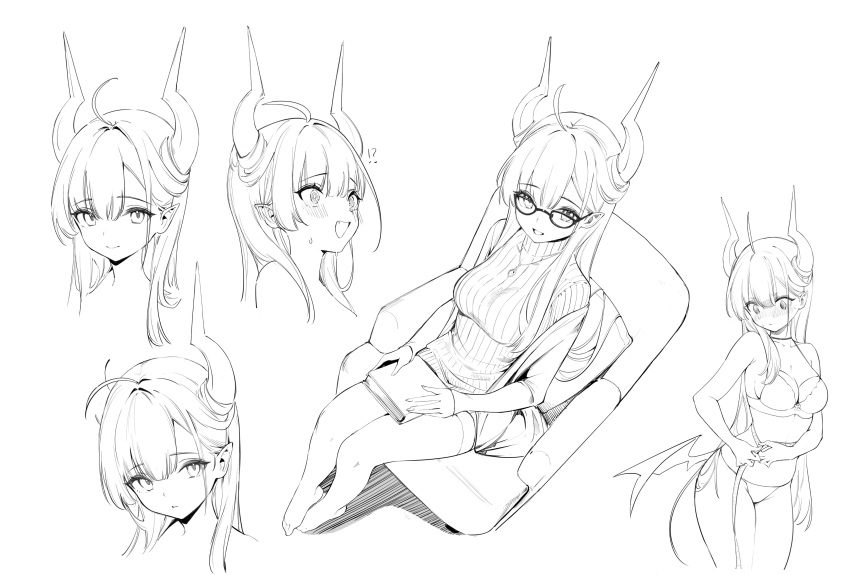 !? absurdres book breasts demon_horns female glasses highres holding holding_book horns looking_at_viewer looking_down looking_up nekojira open_mouth original smile sweater thea_(nekojira) thighs underwear white_background wide-eyed