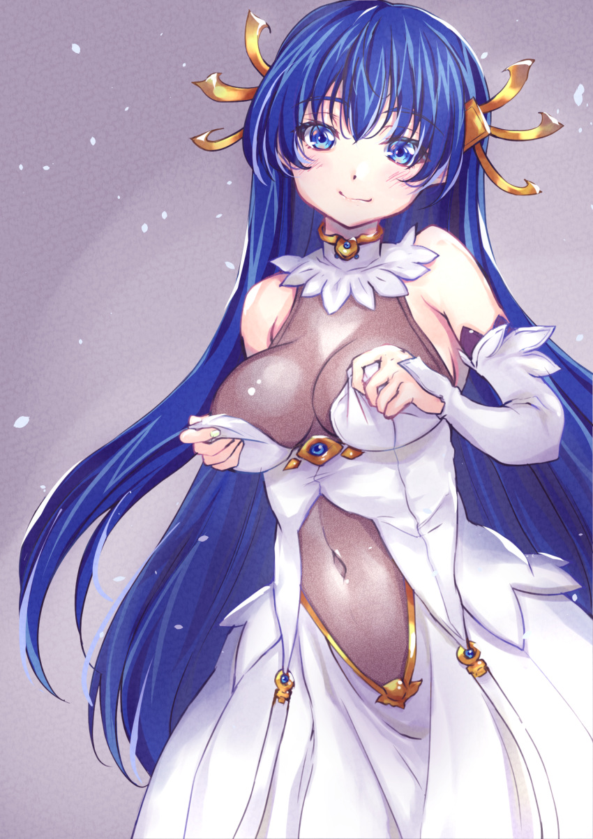 bare_shoulders black_border blue_eyes blue_hair border breasts cleavage commentary_request covered_navel detached_sleeves dot_nose dress female forehead gold_trim gradient_background hair_ornament highres large_breasts lia_parapara_leazas long_hair looking_at_viewer rance_(series) simple_background solo white_dress white_sleeves wochi