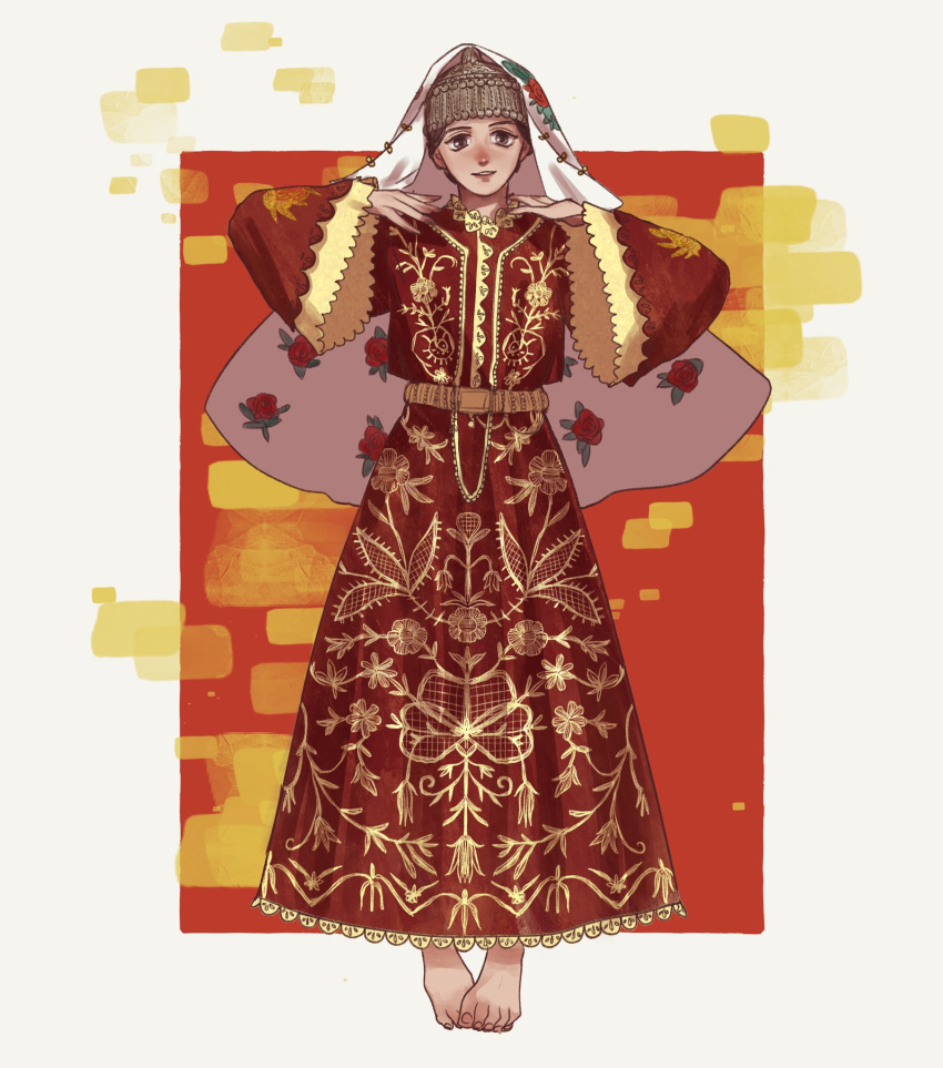 barefoot byzantine_empire capelin_s clothing_request dress female flower full_body grey_eyes hands_up highres long_sleeves looking_at_viewer original parted_lips print_dress red_background red_dress red_flower smile solo standing traditional_clothes wide_sleeves