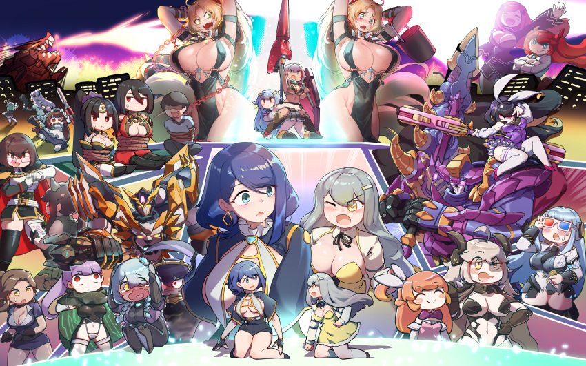 1boy 3d_glasses 6+girls absurdres al_shade_(last_origin) alternate_breast_size alternate_costume baekto_(last_origin) barbariana_(last_origin) black_hair black_lilith_(last_origin) blonde_hair blue_eyes blue_hair breasts brown_hair check_commentary chibi commander_(last_origin) commentary_request dark_blue_hair dual_persona faceless faceless_male faucre_the_evil_overlord goltarion_xiii green_hair grey_hair gundam gundam_narrative heterochromatic_eyewear highres hoyo hraesvelgr_(last_origin) huge_breasts iron_protector_ramparion khan_the_swift korean_commentary kunoichi_kaen kunoichi_zero lance lancer_mina large_breasts last_origin light_blue_hair long_hair machina_(last_origin) mary_(last_origin) may_of_doom miss_safety momo_(last_origin) multiple_girls narrative_formation night_angel_(last_origin) no_mouth one_eye_closed parody phantom_(last_origin) polearm purple_hair rampart_(last_origin) red_eyes royal_arsenal scissors_lise short_hair tiamat_(last_origin) tyrant_(last_origin) vanilla_(last_origin) veronica_type-asc weapon wraith_(last_origin) yellow_eyes |_|